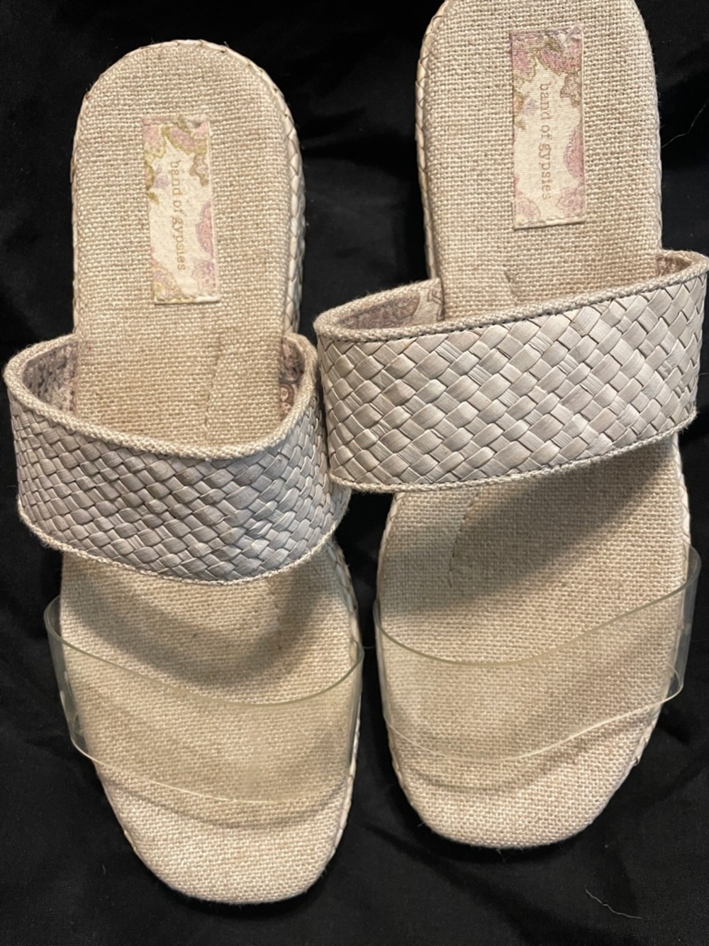 Band of Gypsies Light Beige Woven Slide Sandals with Clear Strap